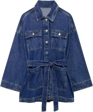 Women Vintage Straight Jean Jacket Loose Button Up Long Sleeves Washed Denim Jacket With Belted Denim Jacket