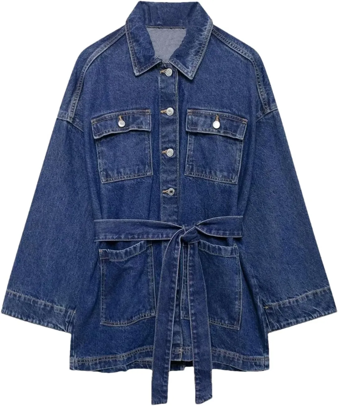 Women Vintage Straight Jean Jacket Loose Button Up Long Sleeves Washed Denim Jacket With Belted Denim Jacket