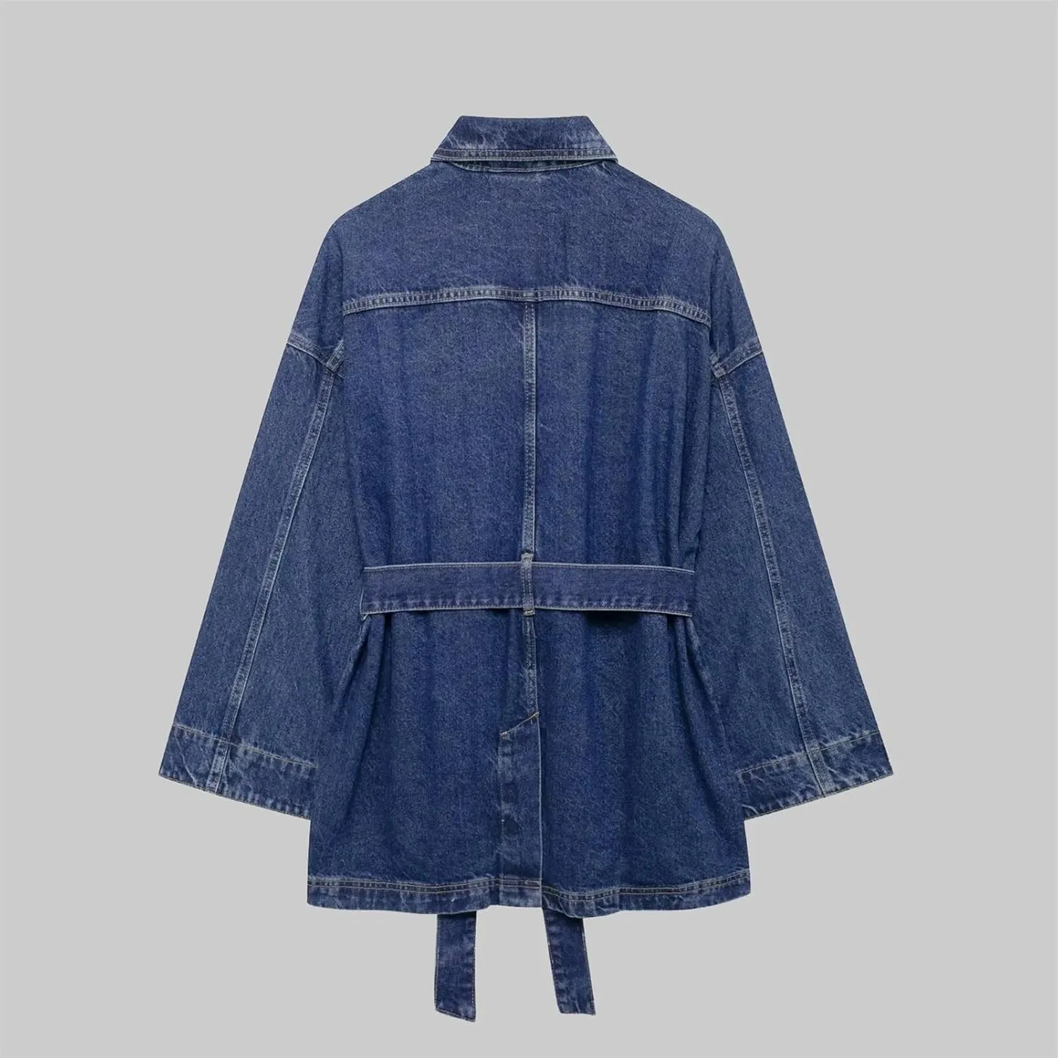 Women Vintage Straight Jean Jacket Loose Button Up Long Sleeves Washed Denim Jacket With Belted Denim Jacket