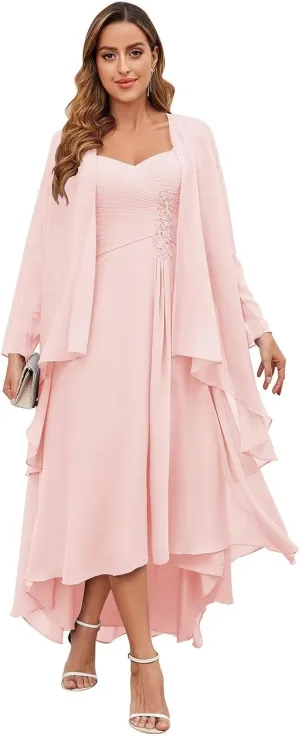 Women's 2 Piece Mother of The Bride Dresses with Jacket Tea Length High Low Lace Applique Formal Dresses