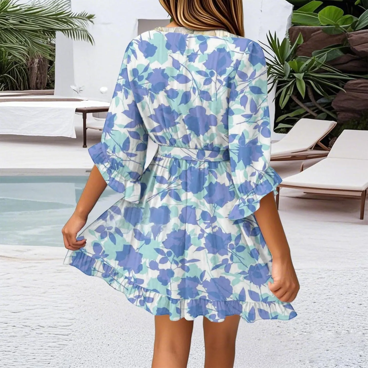 Women's Casual Loose Vintage Bohemian Floral V-Neck Half Sleeve Summer Beach Swing Wrap Dress