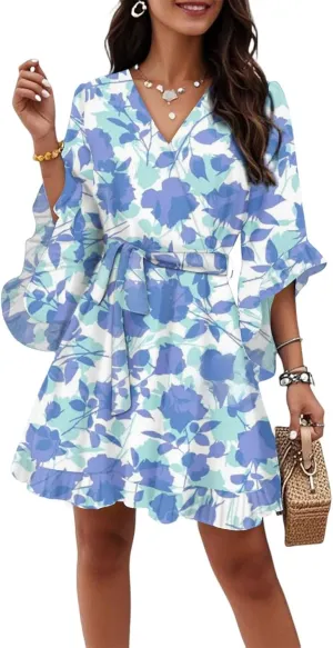 Women's Casual Loose Vintage Bohemian Floral V-Neck Half Sleeve Summer Beach Swing Wrap Dress