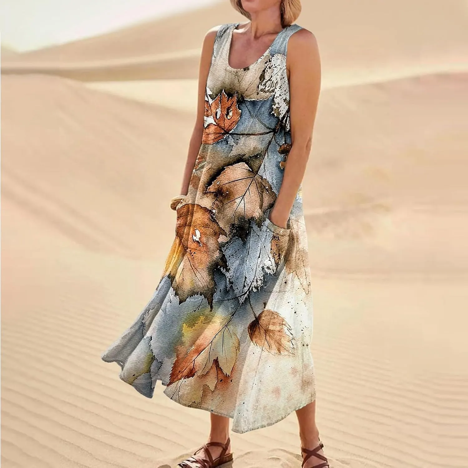 Women's Casual Maxi Sundress 2025 Summer Beach Dresses Scoop Neck Sleeveless Loose Plus Size Tank Dress