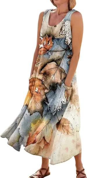 Women's Casual Maxi Sundress 2025 Summer Beach Dresses Scoop Neck Sleeveless Loose Plus Size Tank Dress