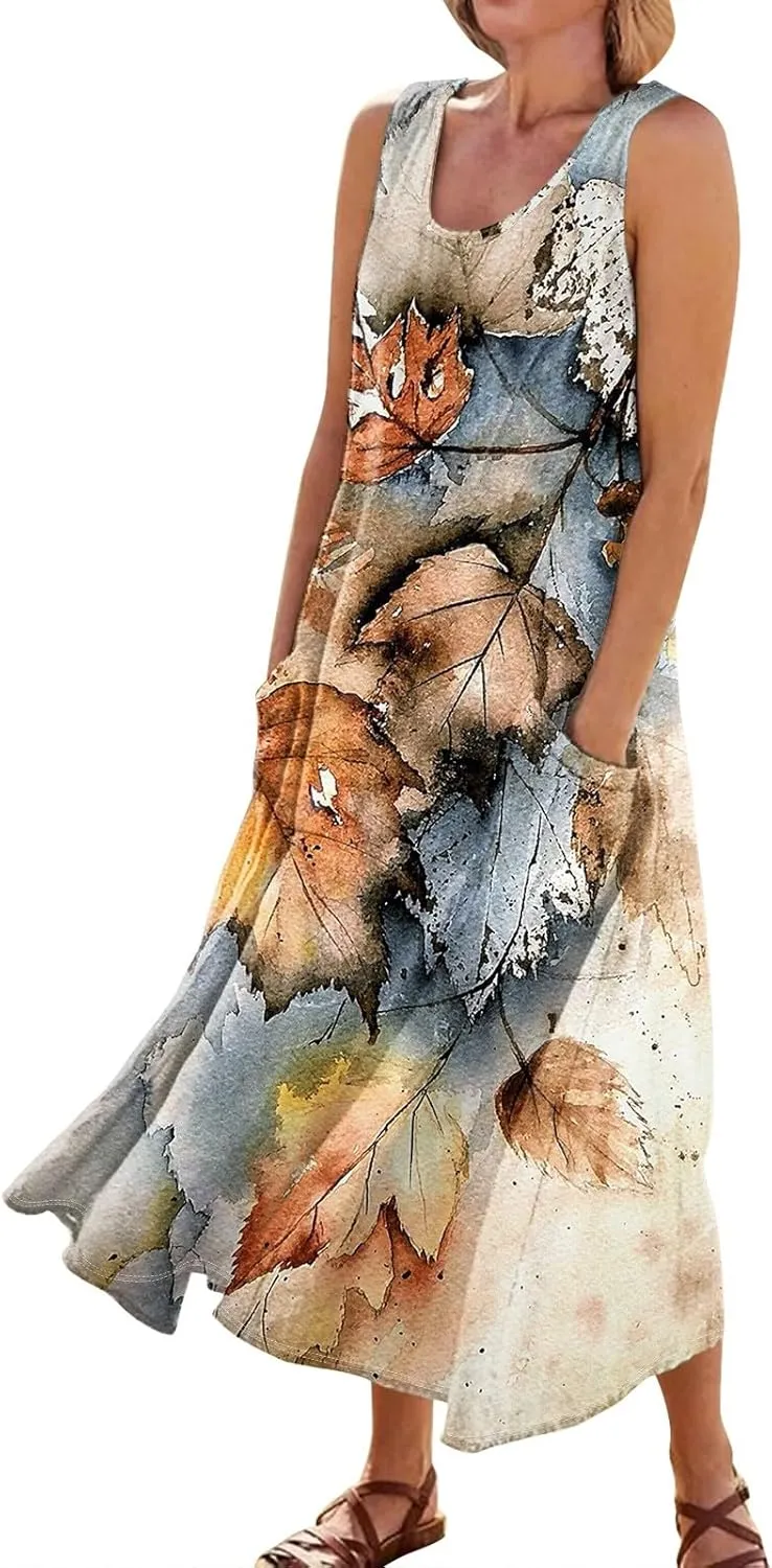 Women's Casual Maxi Sundress 2025 Summer Beach Dresses Scoop Neck Sleeveless Loose Plus Size Tank Dress