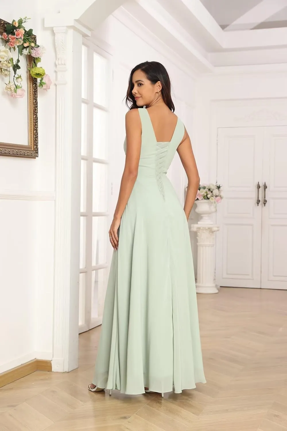 Women's Chiffon Bridesmaid Dresses V Neck Long Formal Evening Dress Without Sleeves
