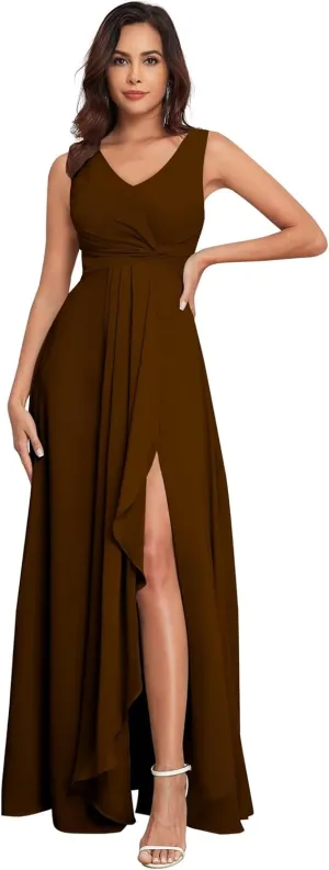 Women's Chiffon Bridesmaid Dresses V Neck Long Formal Evening Dress Without Sleeves