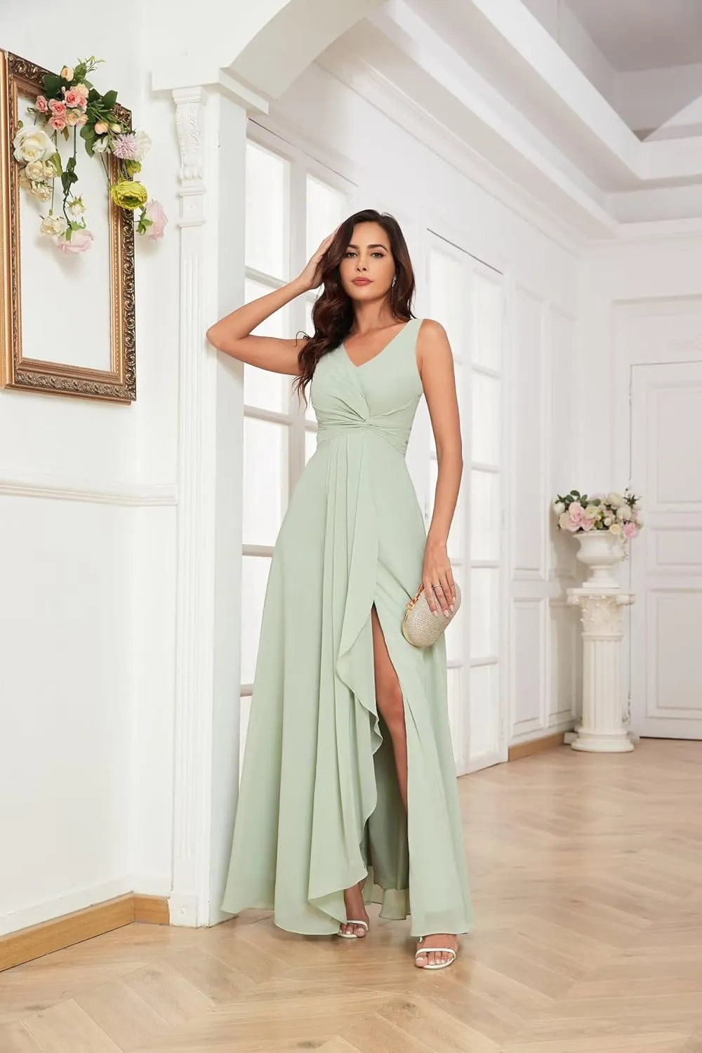 Women's Chiffon Bridesmaid Dresses V Neck Long Formal Evening Dress Without Sleeves