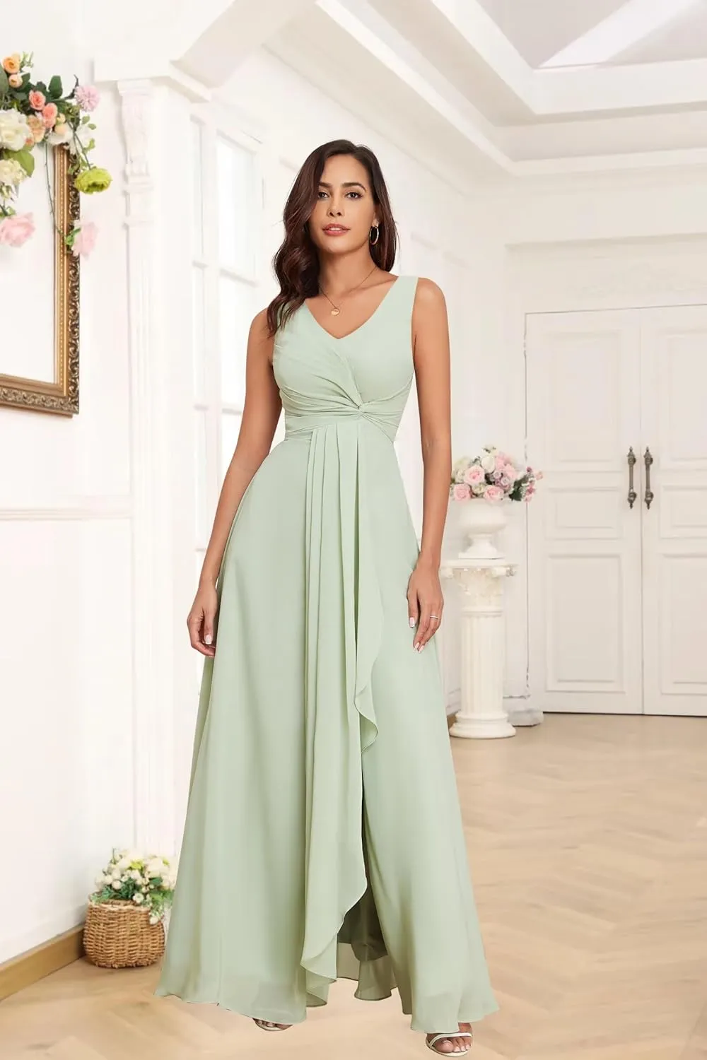 Women's Chiffon Bridesmaid Dresses V Neck Long Formal Evening Dress Without Sleeves
