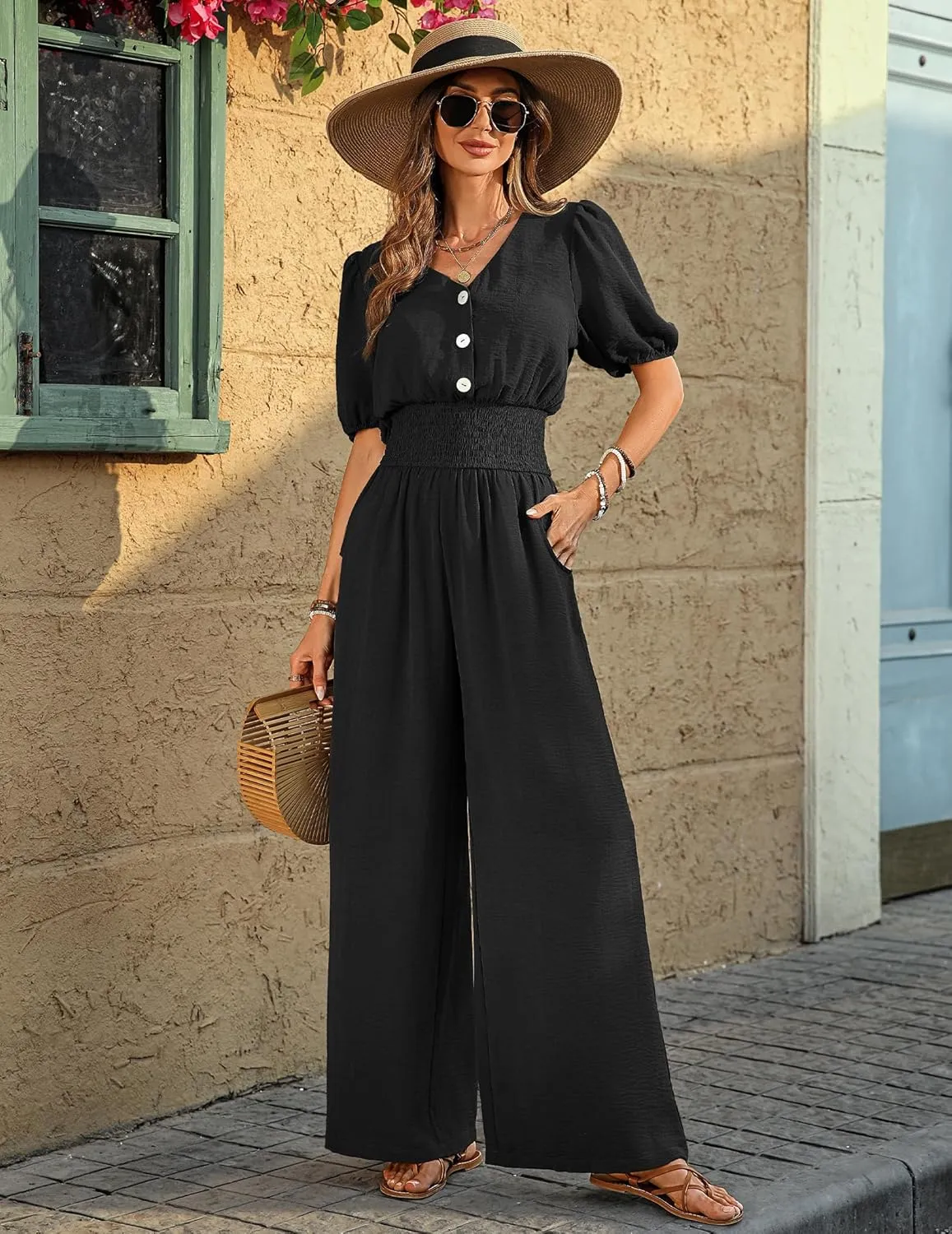 Womens Jumpsuits Short Sleeve V Neck Dressy Casual Wide Leg Pants Romper 2025 Summer One Piece Outfits