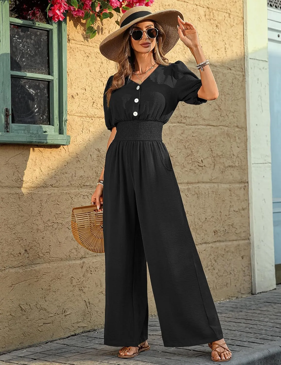 Womens Jumpsuits Short Sleeve V Neck Dressy Casual Wide Leg Pants Romper 2025 Summer One Piece Outfits