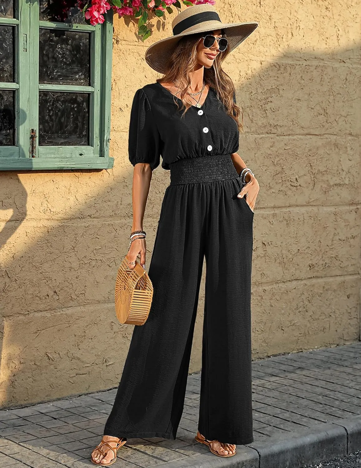 Womens Jumpsuits Short Sleeve V Neck Dressy Casual Wide Leg Pants Romper 2025 Summer One Piece Outfits