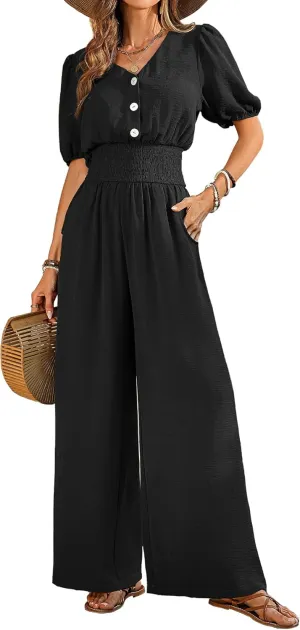 Womens Jumpsuits Short Sleeve V Neck Dressy Casual Wide Leg Pants Romper 2025 Summer One Piece Outfits