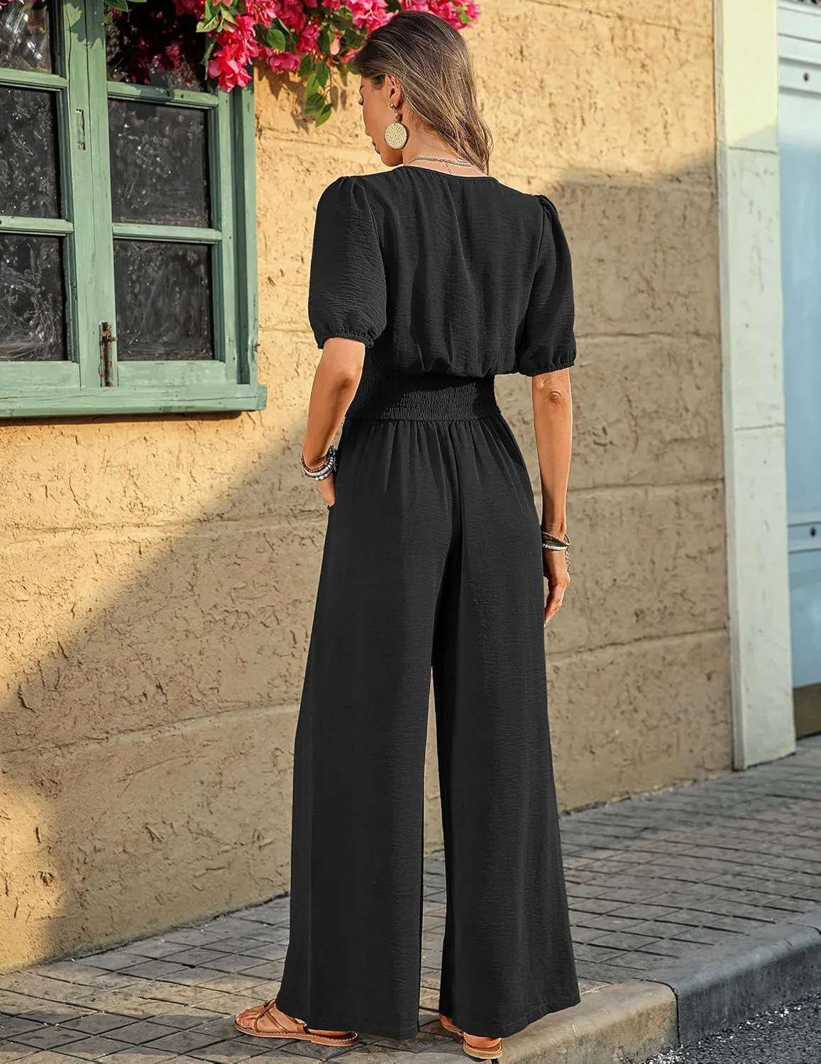 Womens Jumpsuits Short Sleeve V Neck Dressy Casual Wide Leg Pants Romper 2025 Summer One Piece Outfits