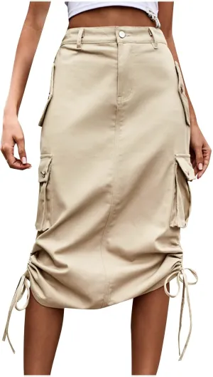 Womens Loose Fit Denim Skort for Women Midi Knee High Pleated Western High Cut Tie Knot Smocked Plain 2024 Y2K