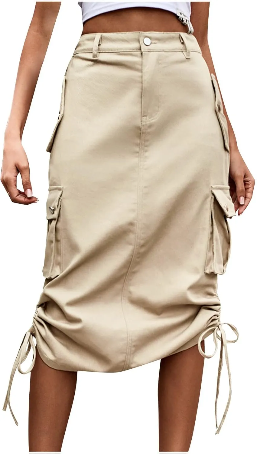 Womens Loose Fit Denim Skort for Women Midi Knee High Pleated Western High Cut Tie Knot Smocked Plain 2024 Y2K