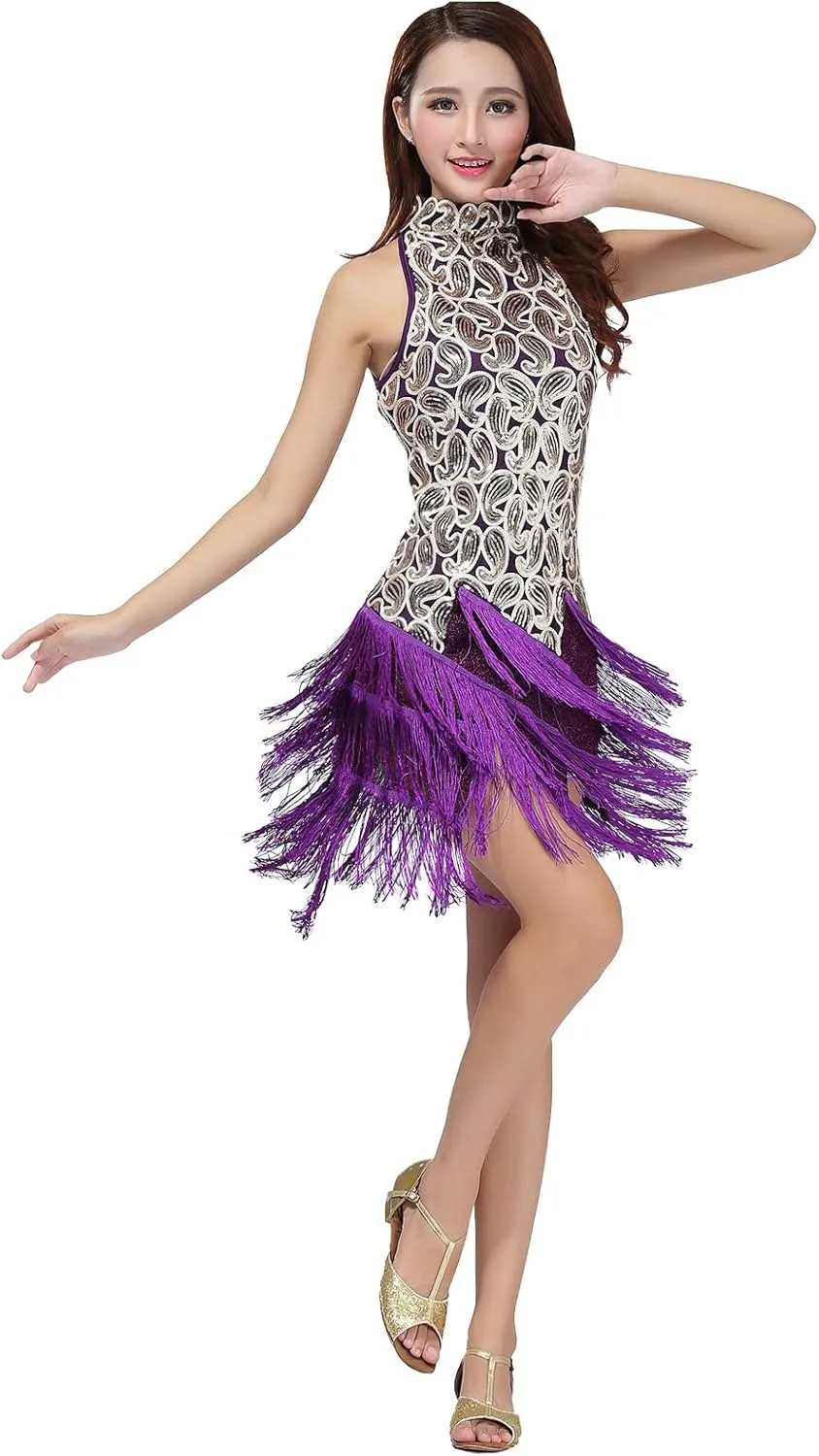 Women's Mock Neck Sequin Tassel Fringe Flapper Dress - Salsa Latin Dance, Roaring 1920s Ballroom, Rave Party, Cocktail