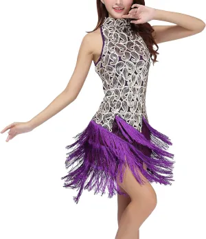 Women's Mock Neck Sequin Tassel Fringe Flapper Dress - Salsa Latin Dance, Roaring 1920s Ballroom, Rave Party, Cocktail