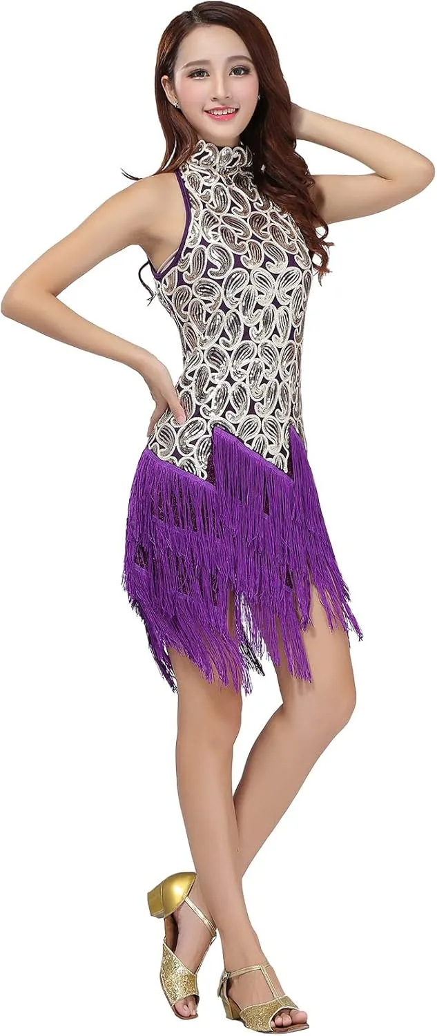Women's Mock Neck Sequin Tassel Fringe Flapper Dress - Salsa Latin Dance, Roaring 1920s Ballroom, Rave Party, Cocktail
