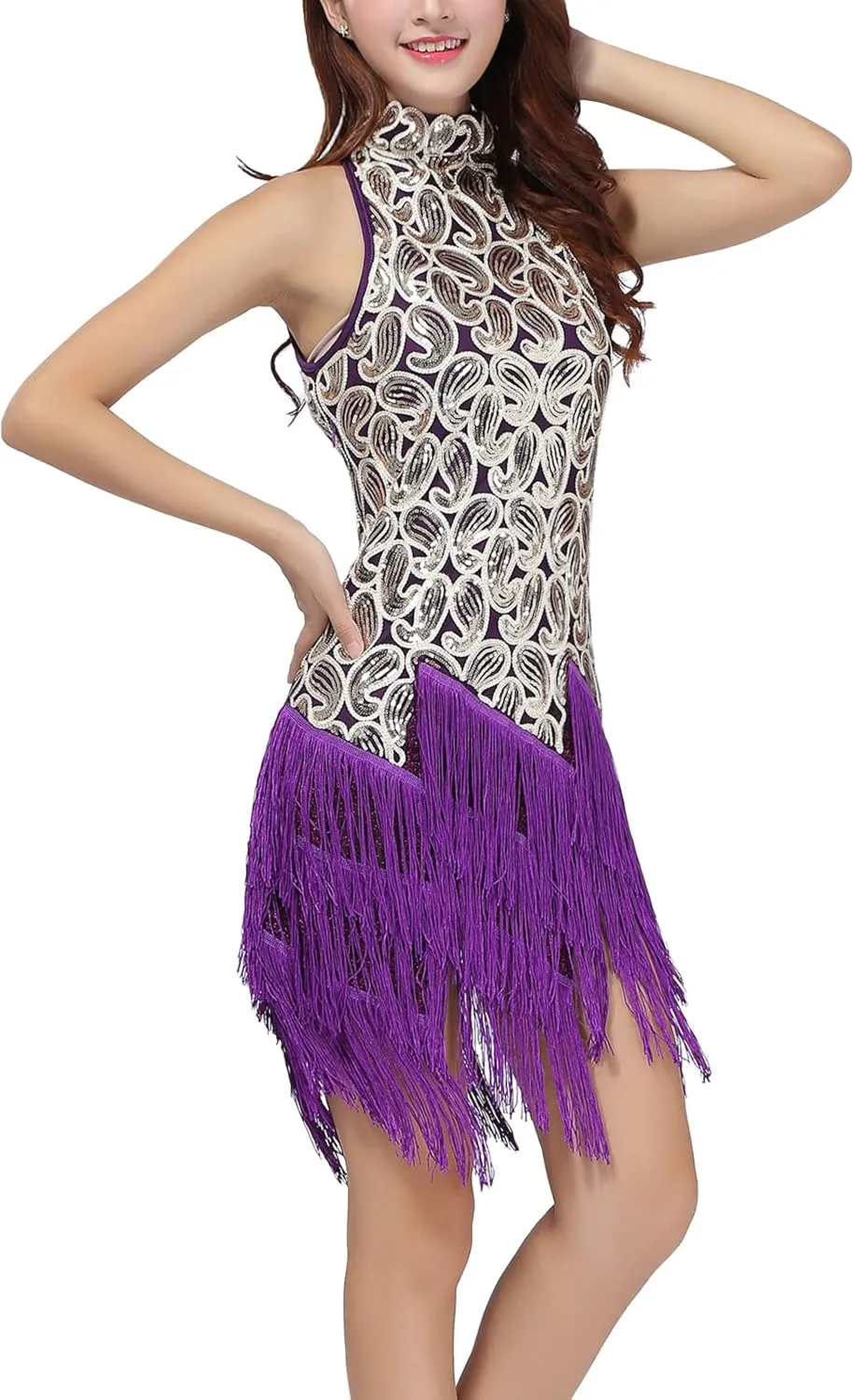 Women's Mock Neck Sequin Tassel Fringe Flapper Dress - Salsa Latin Dance, Roaring 1920s Ballroom, Rave Party, Cocktail