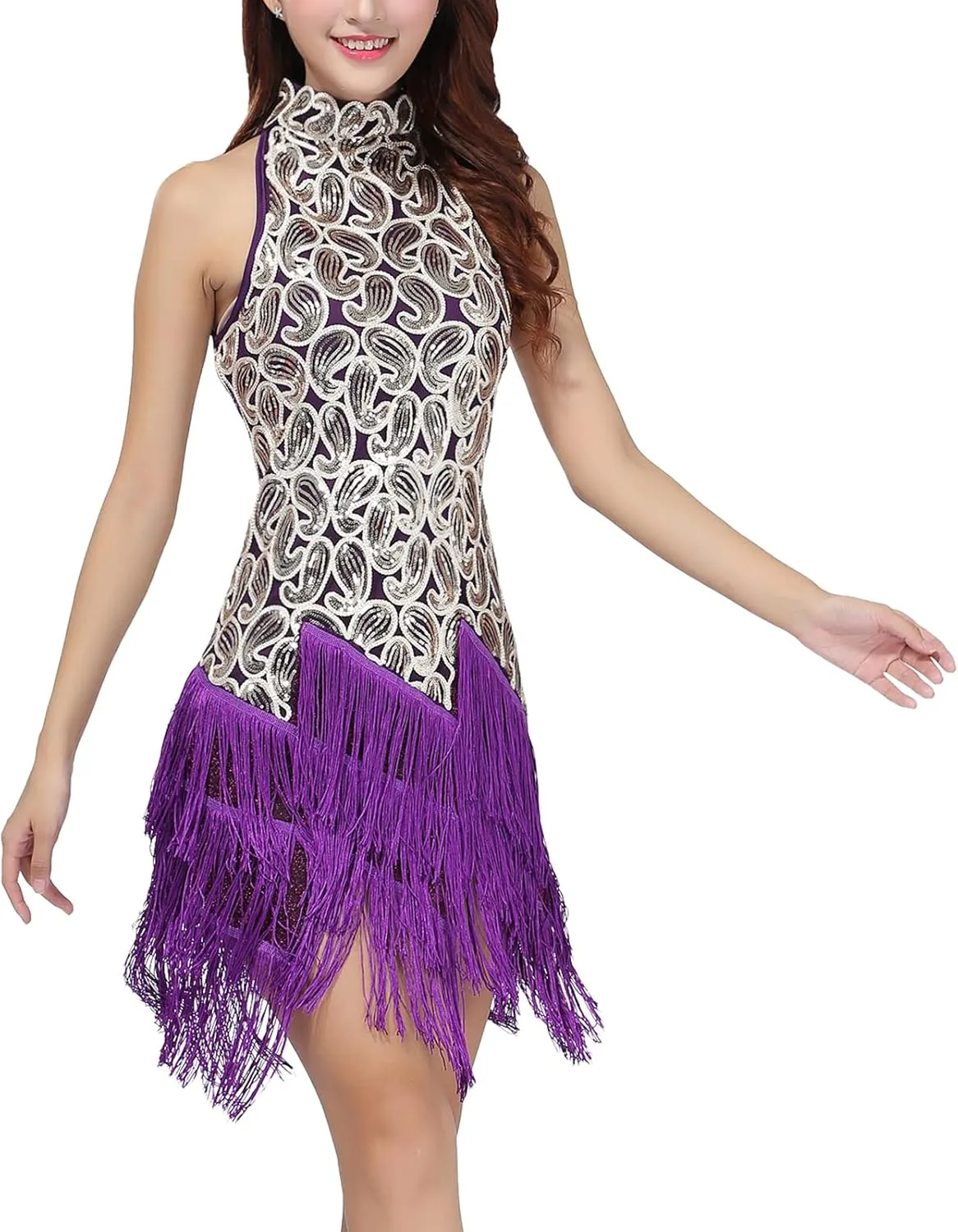 Women's Mock Neck Sequin Tassel Fringe Flapper Dress - Salsa Latin Dance, Roaring 1920s Ballroom, Rave Party, Cocktail