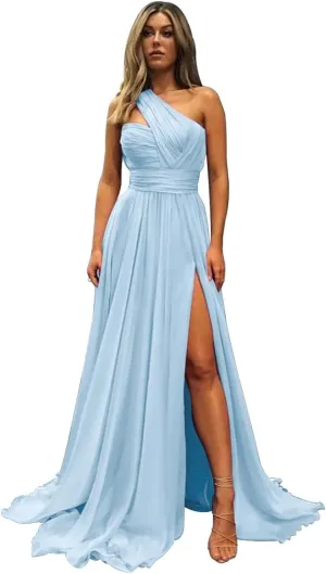 Women's One Shoulder Chiffon Prom Dresses Long Ball Gown Slit Formal Evening Dress with Pockets ZW02