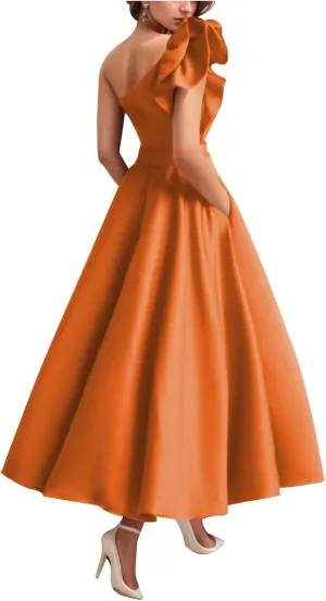 Women's One Shoulder Elegant Evening Dress with Pockets Satin Tea Length A Line Formal Wedding Guest Dress