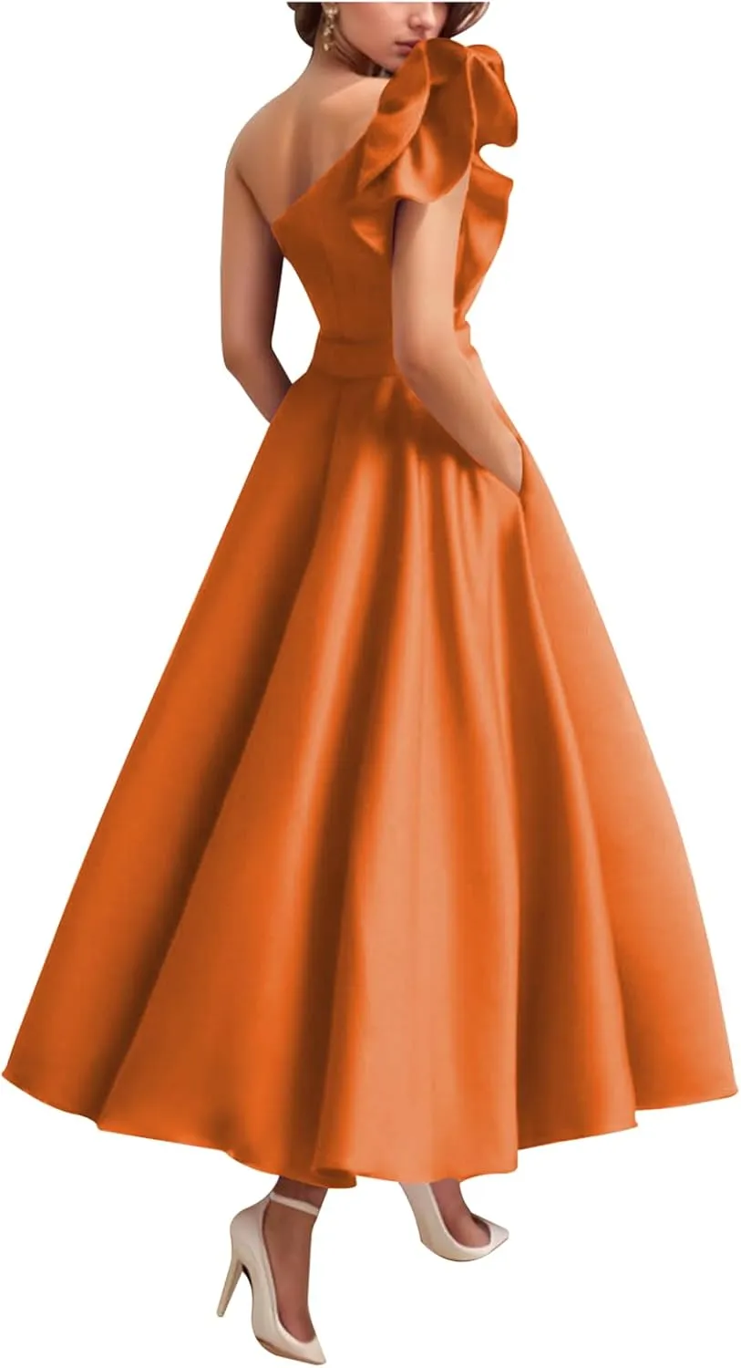 Women's One Shoulder Elegant Evening Dress with Pockets Satin Tea Length A Line Formal Wedding Guest Dress