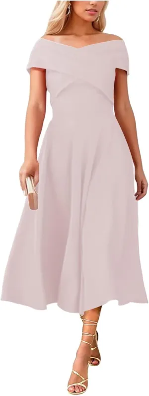 Womens Satin Off The Shoulder Evening Dress Tea Length Prom Dresses for Women A Line Midi Wedding Guest Dress