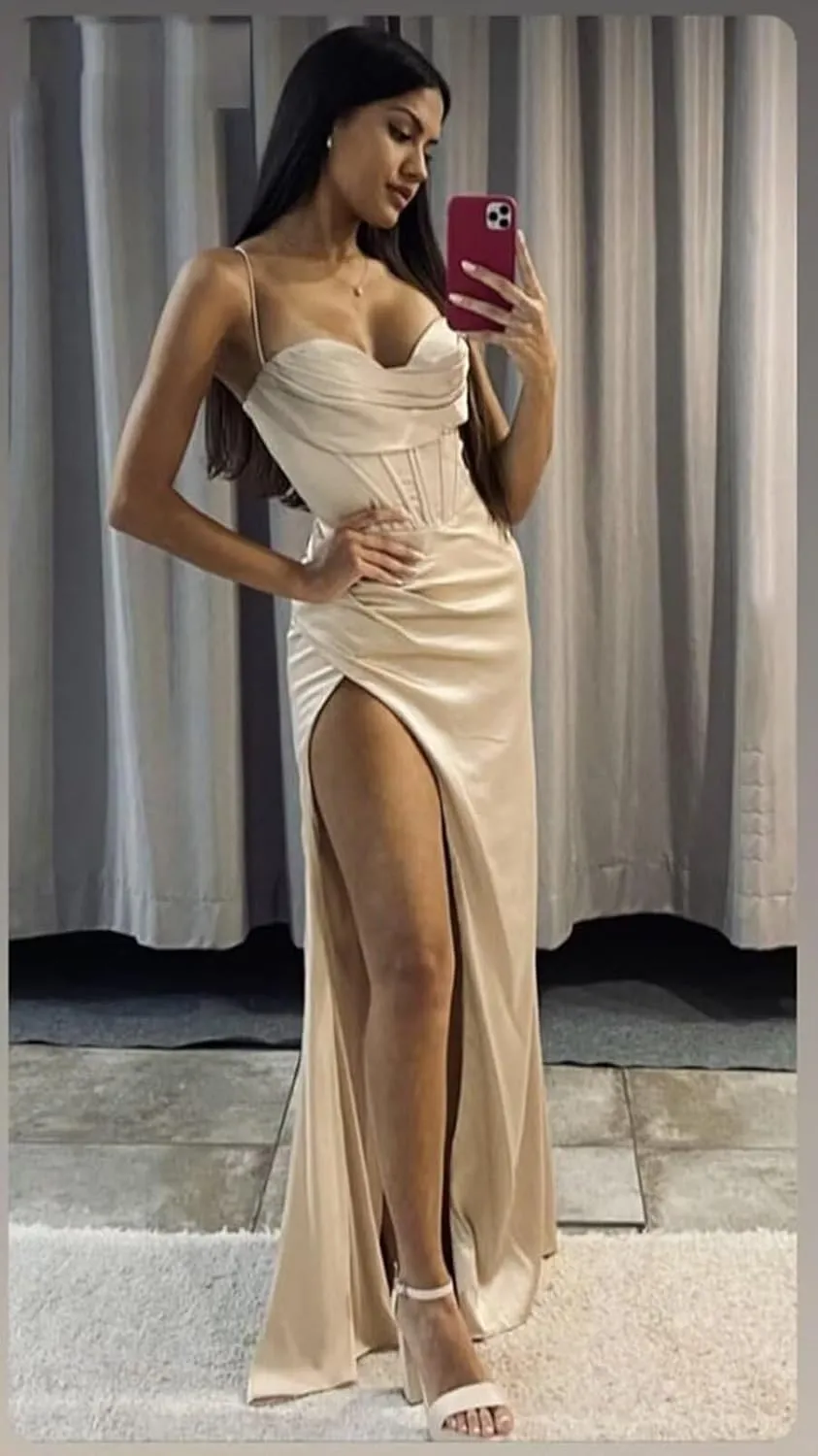 Women's Satin Prom Dresses 2025 Slit for Women Long Formal Gowns Mermaid Evening Party Dress PU049
