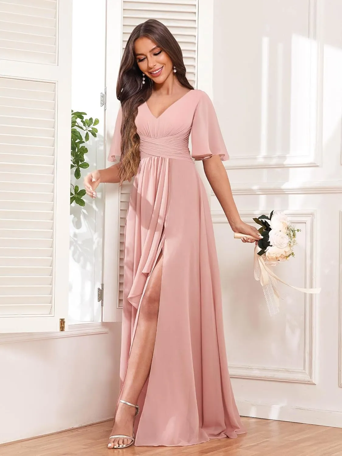 Women's Short Sleeves Bridesmaid Dresses with Slit V-Neck Ruched Chiffon Long Formal Evening Gowns