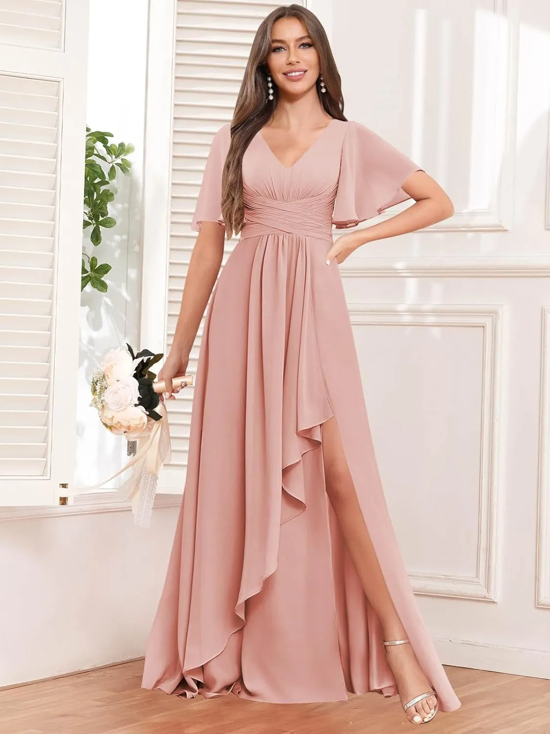 Women's Short Sleeves Bridesmaid Dresses with Slit V-Neck Ruched Chiffon Long Formal Evening Gowns