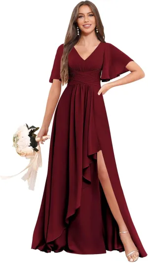 Women's Short Sleeves Bridesmaid Dresses with Slit V-Neck Ruched Chiffon Long Formal Evening Gowns
