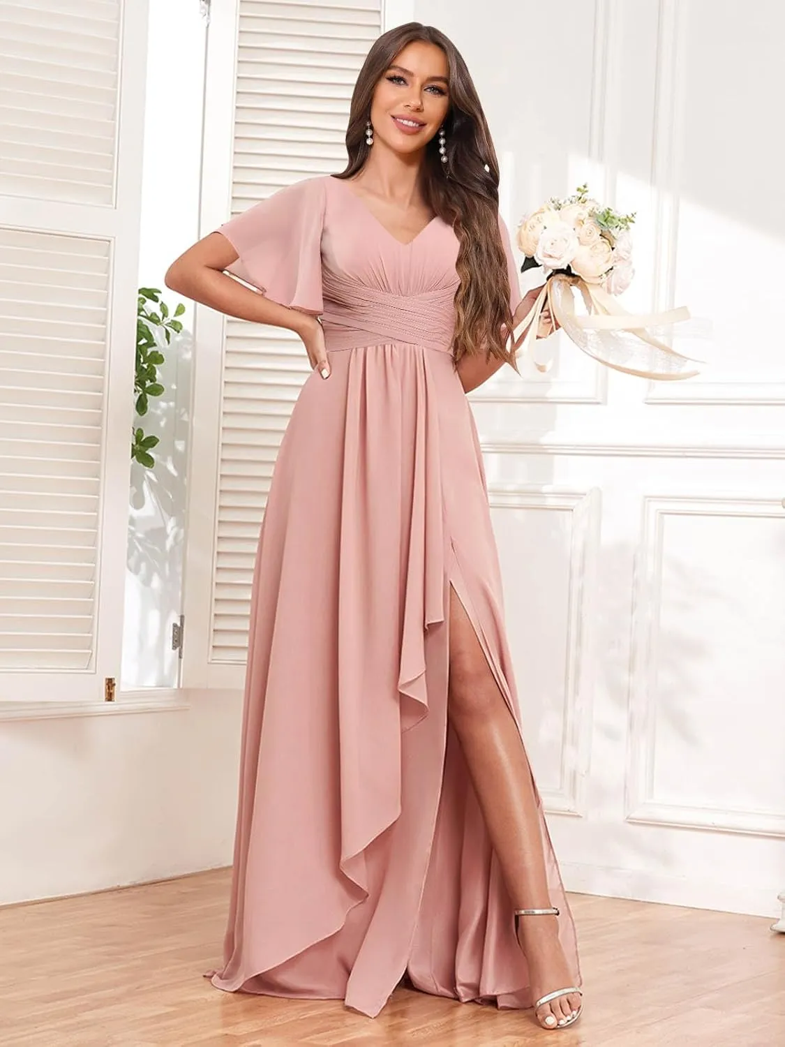 Women's Short Sleeves Bridesmaid Dresses with Slit V-Neck Ruched Chiffon Long Formal Evening Gowns