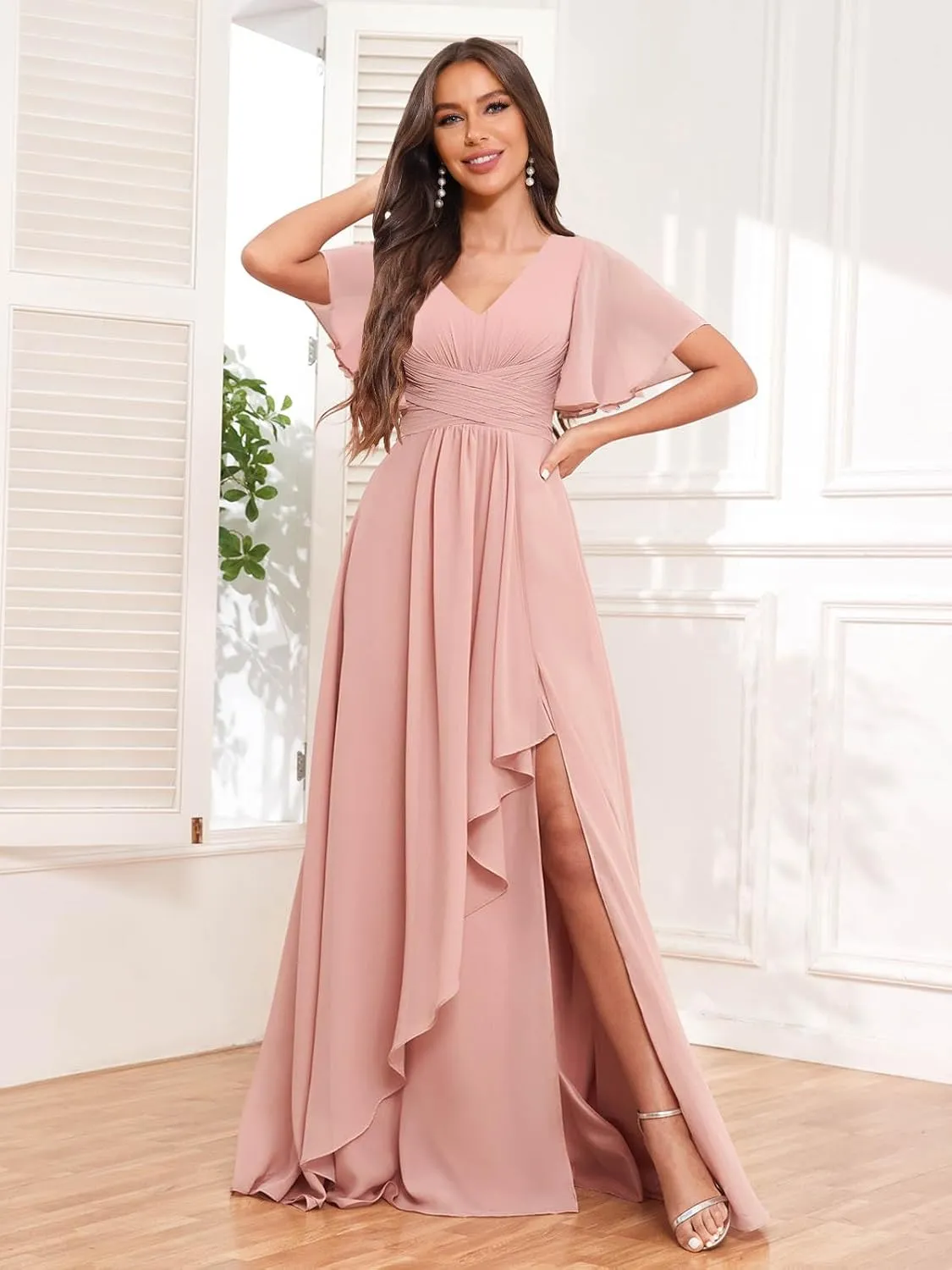 Women's Short Sleeves Bridesmaid Dresses with Slit V-Neck Ruched Chiffon Long Formal Evening Gowns