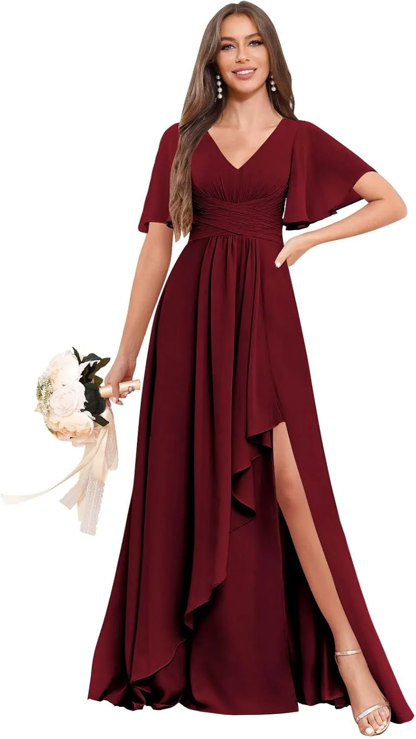 Women's Short Sleeves Bridesmaid Dresses with Slit V-Neck Ruched Chiffon Long Formal Evening Gowns