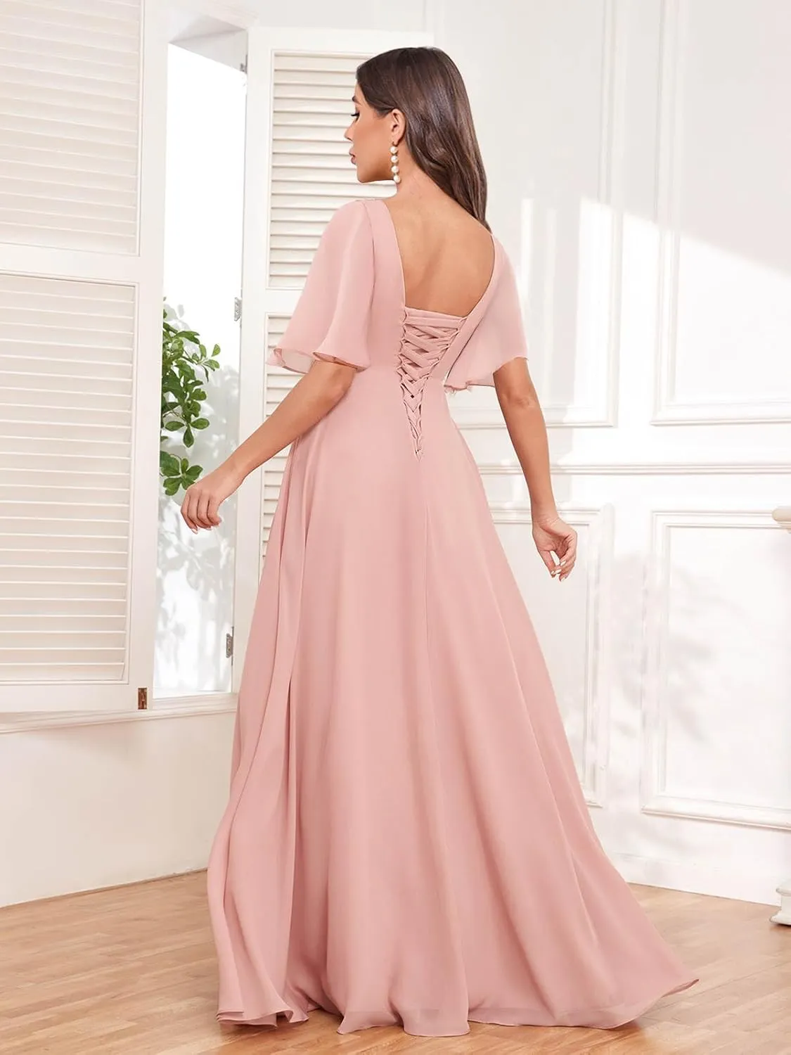 Women's Short Sleeves Bridesmaid Dresses with Slit V-Neck Ruched Chiffon Long Formal Evening Gowns