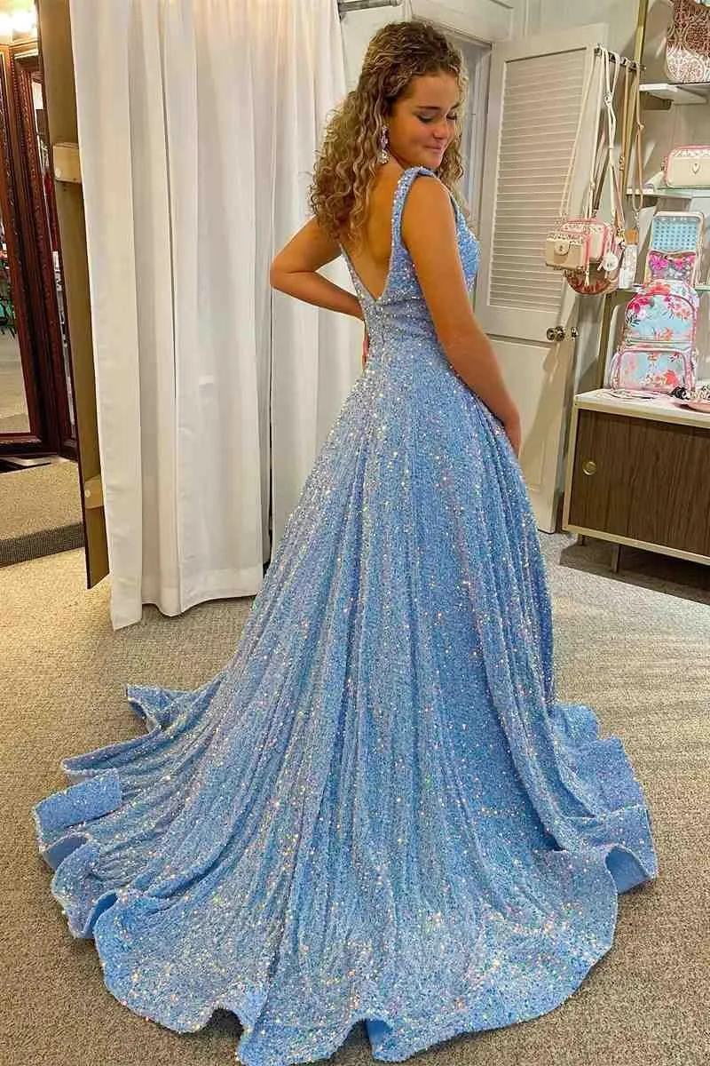 Women's Spaghetti Straps Sparkly Sequin Prom Dresses 2025 with Pockets Long A-Line Evening Formal Ball Gown