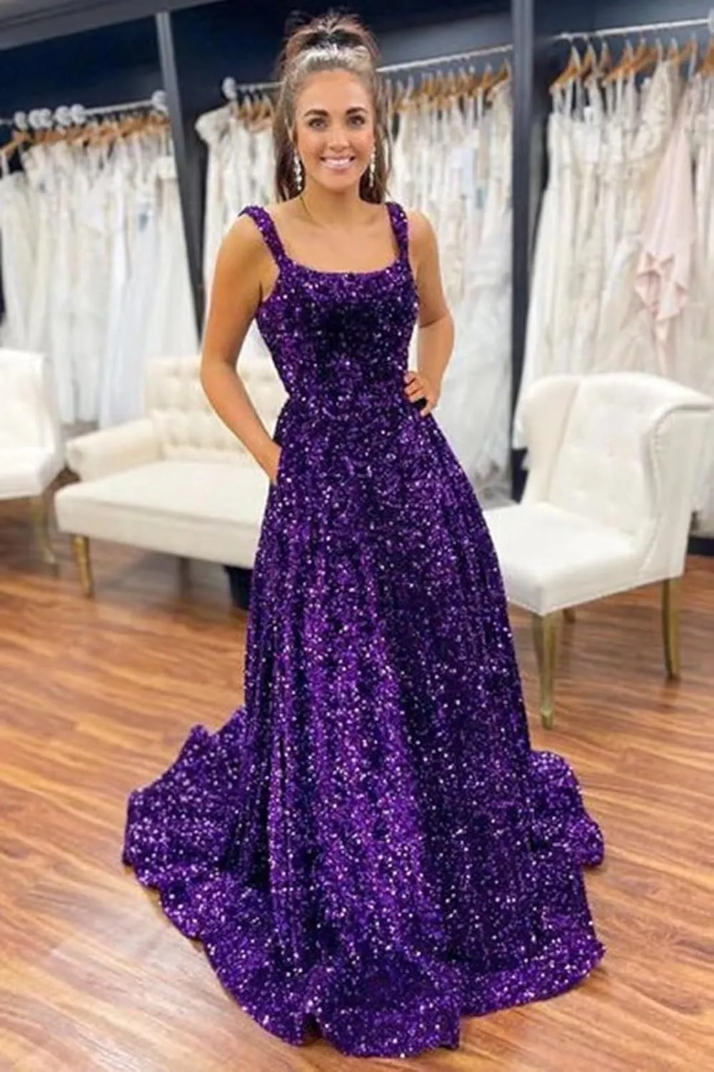 Women's Spaghetti Straps Sparkly Sequin Prom Dresses 2025 with Pockets Long A-Line Evening Formal Ball Gown