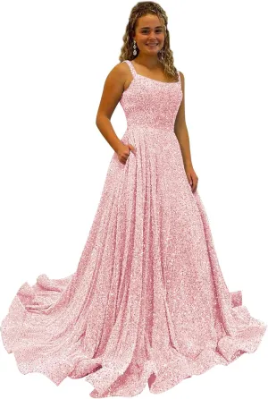 Women's Spaghetti Straps Sparkly Sequin Prom Dresses 2025 with Pockets Long A-Line Evening Formal Ball Gown