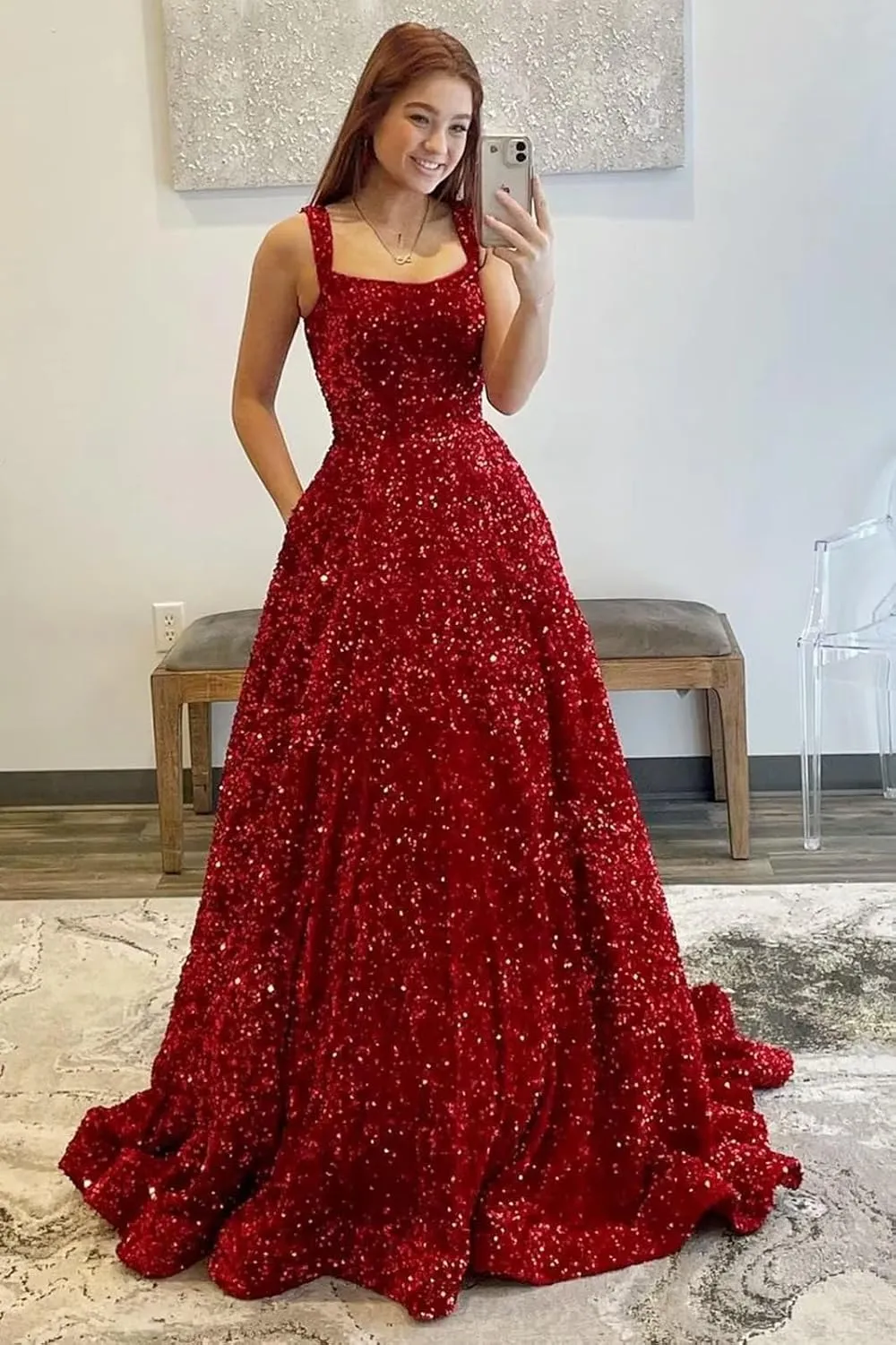Women's Spaghetti Straps Sparkly Sequin Prom Dresses 2025 with Pockets Long A-Line Evening Formal Ball Gown