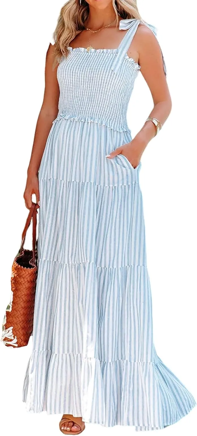 Women's Striped Tie Shoulder Sleeveless Boho Maxi Dress Backless Square Neck Ruffle Tiered Beach Vocation Sundress