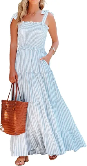 Women's Striped Tie Shoulder Sleeveless Boho Maxi Dress Backless Square Neck Ruffle Tiered Beach Vocation Sundress