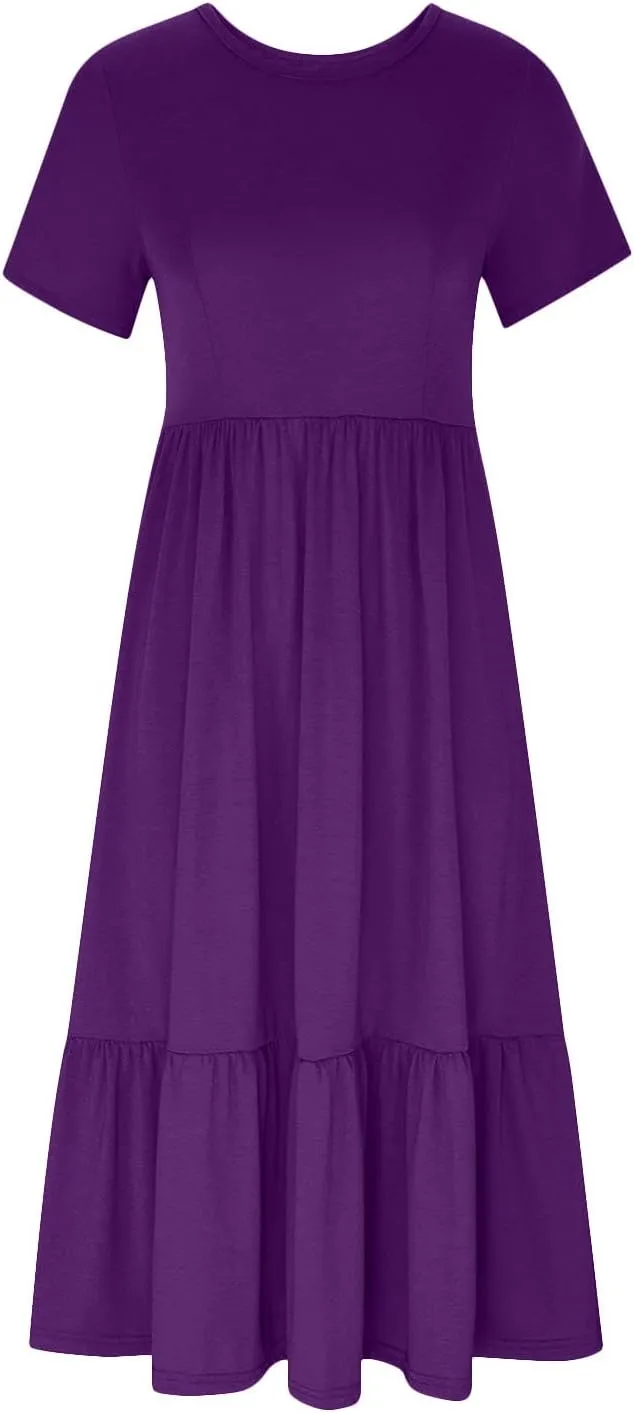 Womens Summer Dresses Comfy Pleated Ruffle Hem T Shirt Dress Cute Plain Tiered Maxi Beach Dress with Pockets