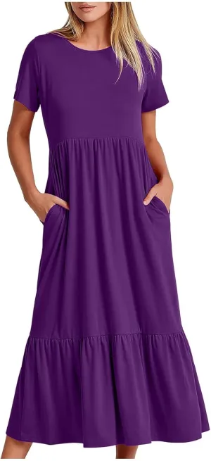 Womens Summer Dresses Comfy Pleated Ruffle Hem T Shirt Dress Cute Plain Tiered Maxi Beach Dress with Pockets