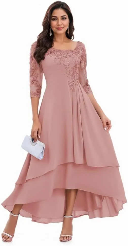Womens Tiered High Low Mother of The Bride Dresses Lace Appliqus Chiffon A Line Formal Prom Gown