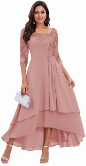 Womens Tiered High Low Mother of The Bride Dresses Lace Appliqus Chiffon A Line Formal Prom Gown
