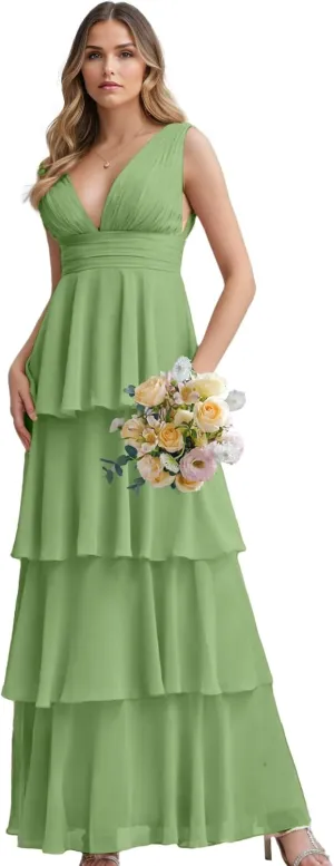 Women's Tiered Ruffle Chiffon Bridesmaid Dresses for Women A Line Formal Evening Gown Long Flowy Prom Dresses