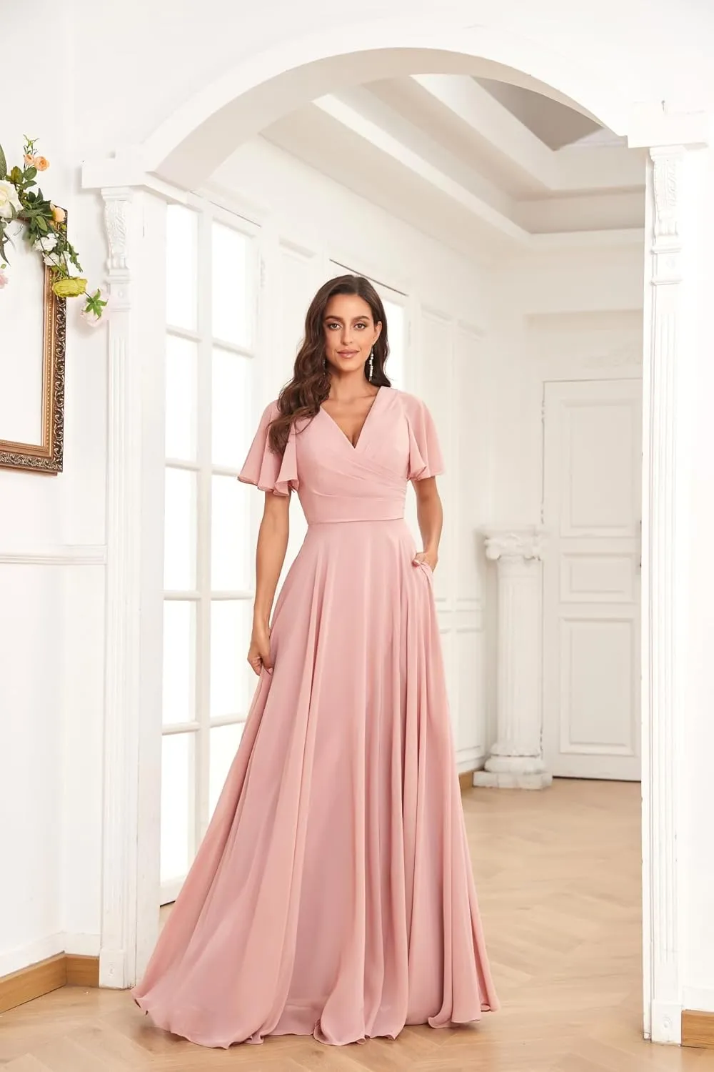 Women's V Neck Bridesmaid Dresses for Wedding with Sleeves Long Chiffon Formal Evening Gown with Pockets