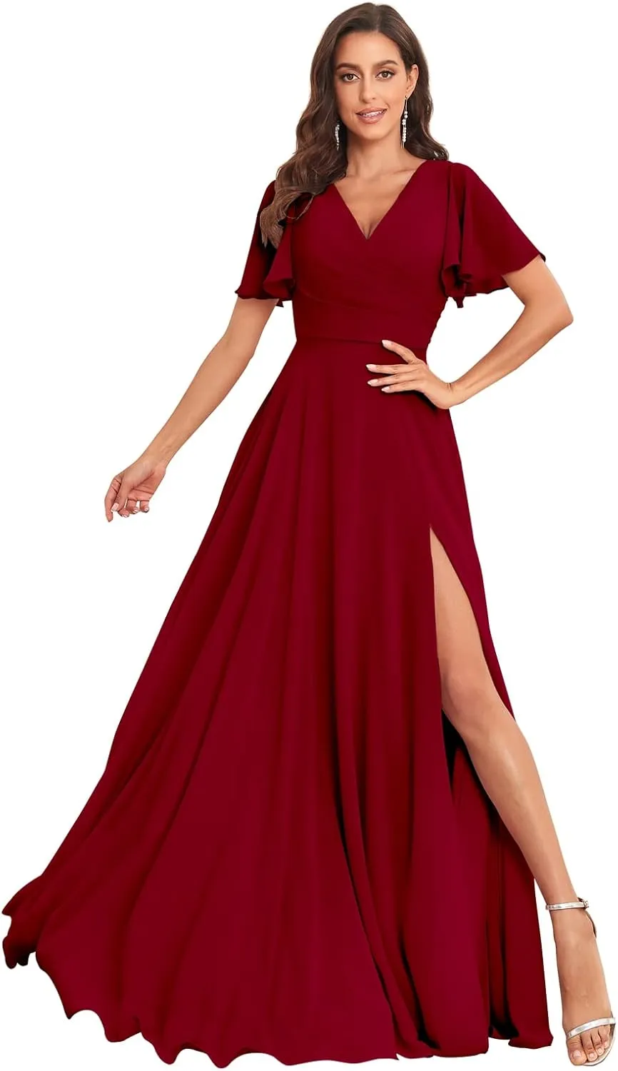 Women's V Neck Bridesmaid Dresses for Wedding with Sleeves Long Chiffon Formal Evening Gown with Pockets
